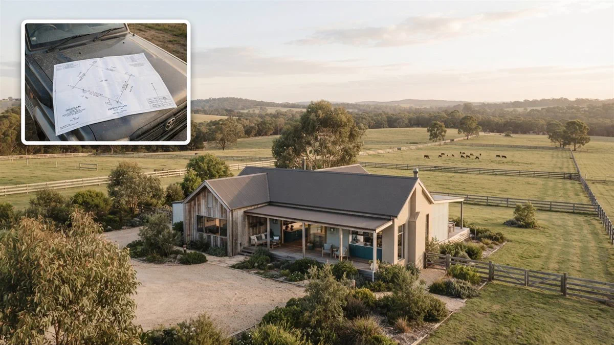 A farmhouse on a large Australian rural block with paddocks stretching away behind it